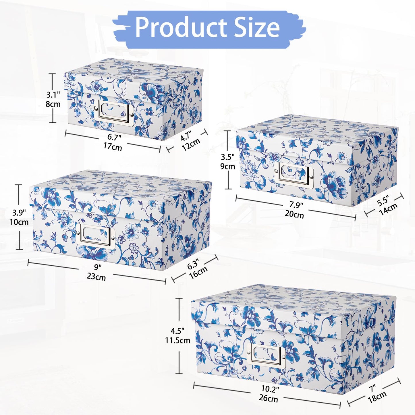 Briful Blue and White Porcelain Storage Boxes with Lids, Set of 4 – Chinoiserie Nested Card Photo Storage Box Organizer, Decorative Paperboard Box for Closet, Office, Gifts,Cosmetic,Books