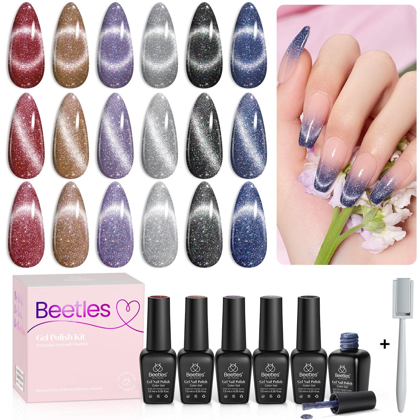 Beetles Cat Eye Gel Nail Polish Set, 6 Colors Glitter Red Pink Shiny Brown Burgundy Purple Blue Green Magnetic Effect Sparkle Stunning Nail Gel Polish Kit Soak Off UV Manicure Gifts for Women