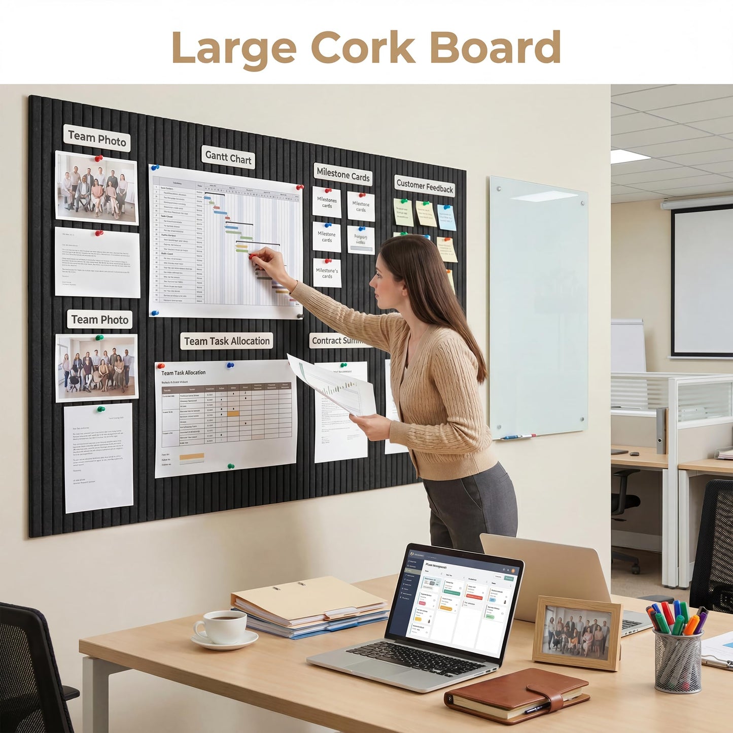 AHEONLAR Felt Bulletin Board 36"x 24", Cork Boards for Walls, 6 Pack Bulletin Board Large Cork Board for Office, Felt Boards with 40 Safe Removable Adhesive Tabs Wall Decor for Home(Black)
