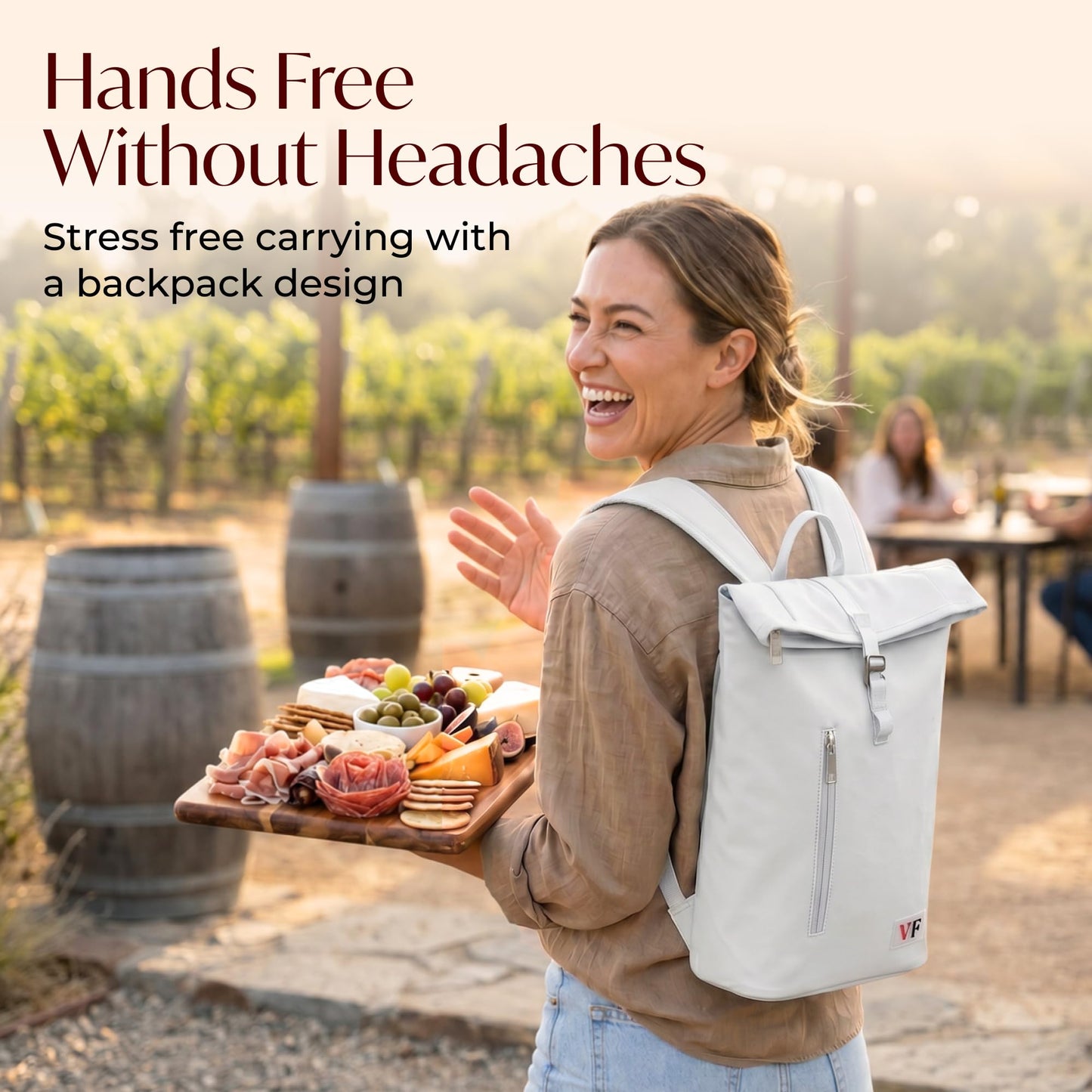 VIN FRESCO Two Bottle Rolltop Wine Tote Bag – Stylish PU Leather Backpack with Matching Tumblers – Wine Carrier with Padded Straps and Compartments for Travels & Picnics (Gray)