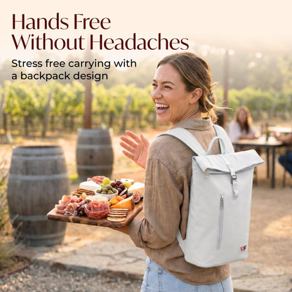 VIN FRESCO Two Bottle Rolltop Wine Tote Bag – Stylish PU Leather Backpack with Matching Tumblers – Wine Carrier with Padded Straps and Compartments for Travels & Picnics (Gray)