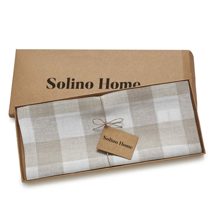 Solino Home Linen Checkered Table Runner 36 Inches - 100% Pure Linen Natural and White Buffalo Check Short Table Runner 14 x 36 Inch Ideal for Dresser and Coffee Tables - Summer