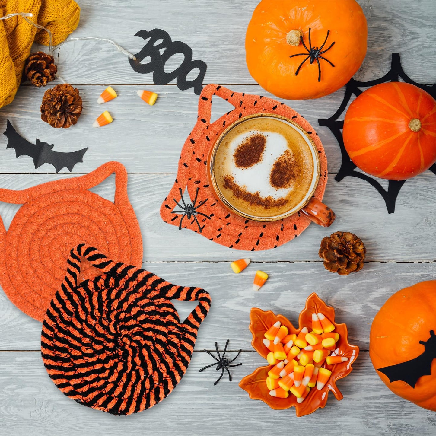 Whaline Halloween Cat Ear Shape Cotton Coasters Black Orange Cat Ear Handmade Braided Drink Coasters Absorbent Cup Mats for Trick or Treat Party Home Table Decor, Set of 4