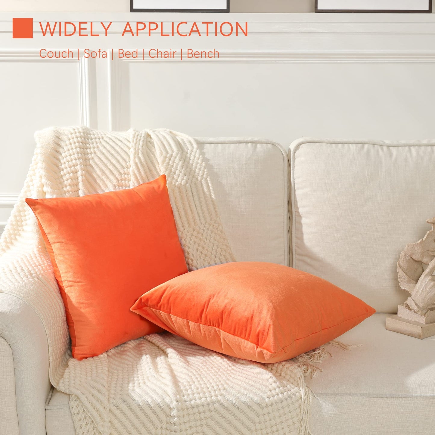 Stellhome Soft Fall Velvet Throw Pillow Covers Square Halloween Decorative Cushion Covers for Bed Couch Sofa Bench, 18 x 18 inch (45 x 45 cm), Orange, Pack of 2