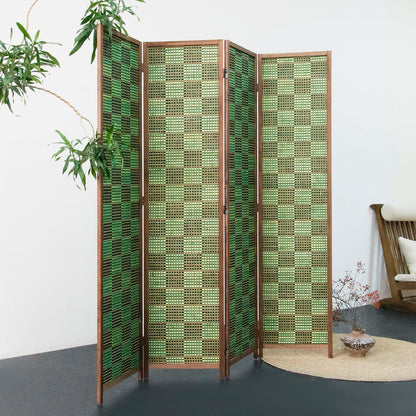 Furnnylane 4 Panel Room Divider Screen and Folding Panel Screen,Double Sided Bamboo Divider for Room Separation,Emerald Square,67" H x 63" W