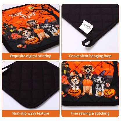 Arquiel Halloween Dog Oven Mitts and Pot Holders Sets 4Pcs, 100% Cotton Heat Resistant, Extra Long Oven Gloves Potholder for Kitchen Cooking Baking Decoration