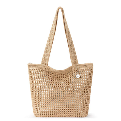 The Sak Casual Classics Tote Bag - Hand Crochet Woman's Purse For Everyday, Travel, Beach Bag - Handbag With Shoulder Straps - Bamboo with Gold Metallic Accents