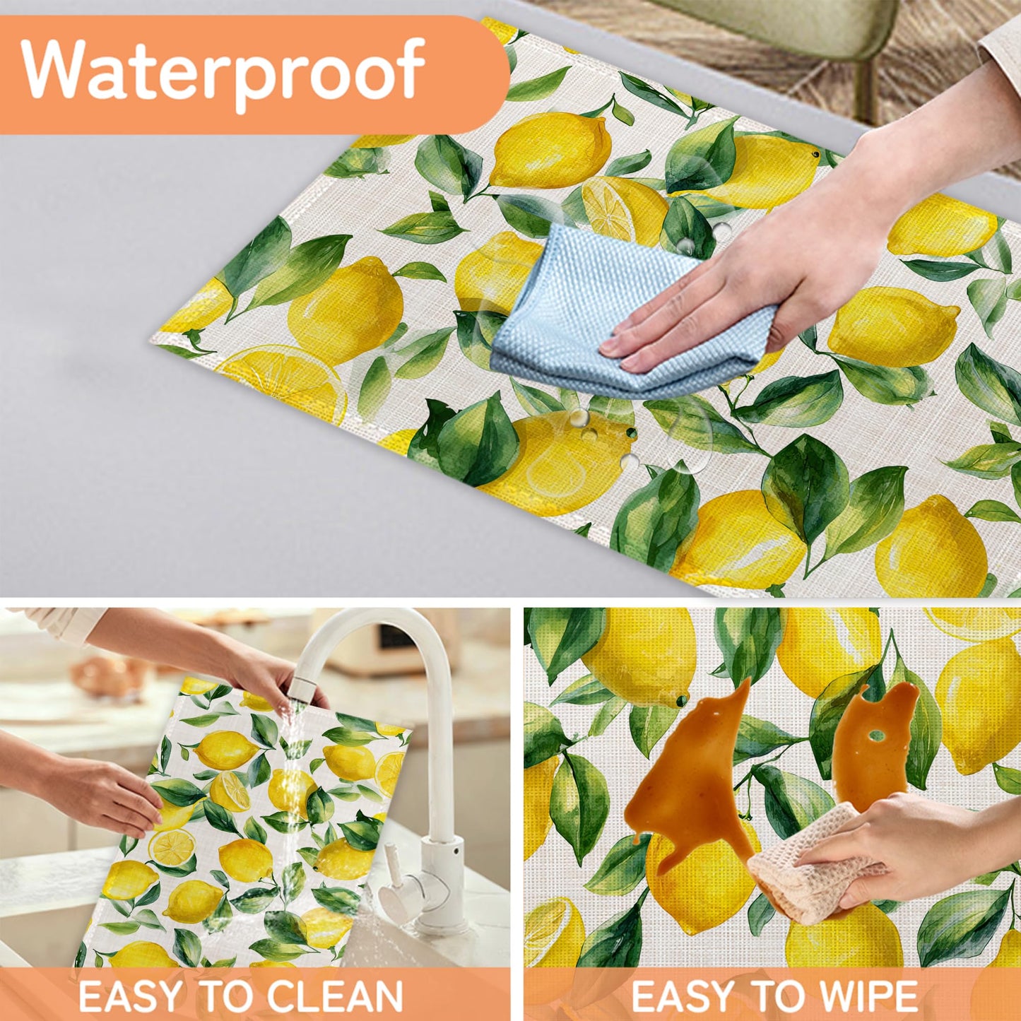 Lemon Placemat Set of 6,Heat Resistant Linen Table Mats for Indoor Outdoor Home Kitchen Dining Room Table 12x18Inch