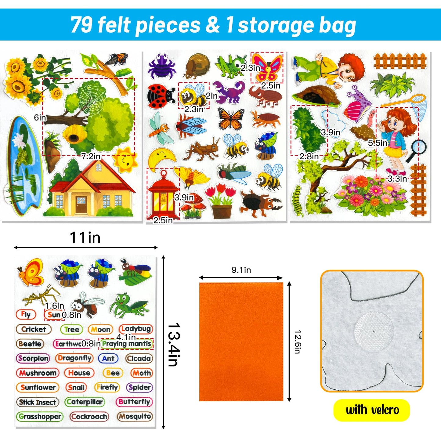 PENGFULL Felt Flannel Board Story Pieces for Toddlers Preschool,Kids Interactive Storytelling Teaching Play Kits for Flannel Board,with Words Felt Pieces(Insect Butterfly)