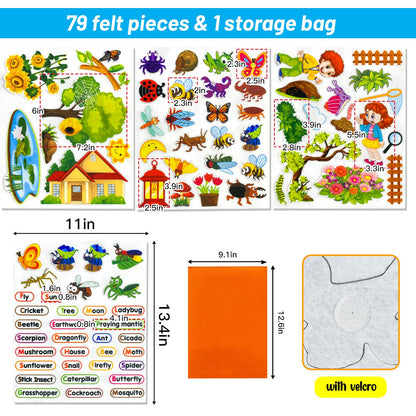 PENGFULL Felt Flannel Board Story Pieces for Toddlers Preschool,Kids Interactive Storytelling Teaching Play Kits for Flannel Board,with Words Felt Pieces(Insect Butterfly)
