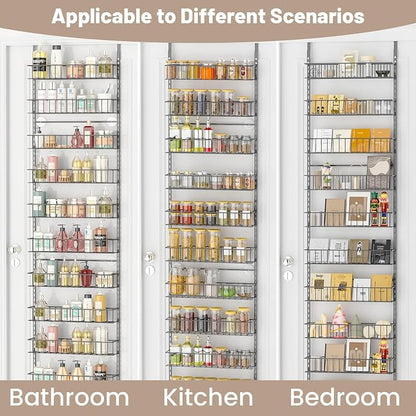 ElegantArray 9-Tier Pantry Door Oragnizer, Over The Door Pantry Organizer Rack and Storage, Hanging Spice Rack Shelves Door, Home Office Laundry Room Bathroom & Kitchen Organization, Light Gray
