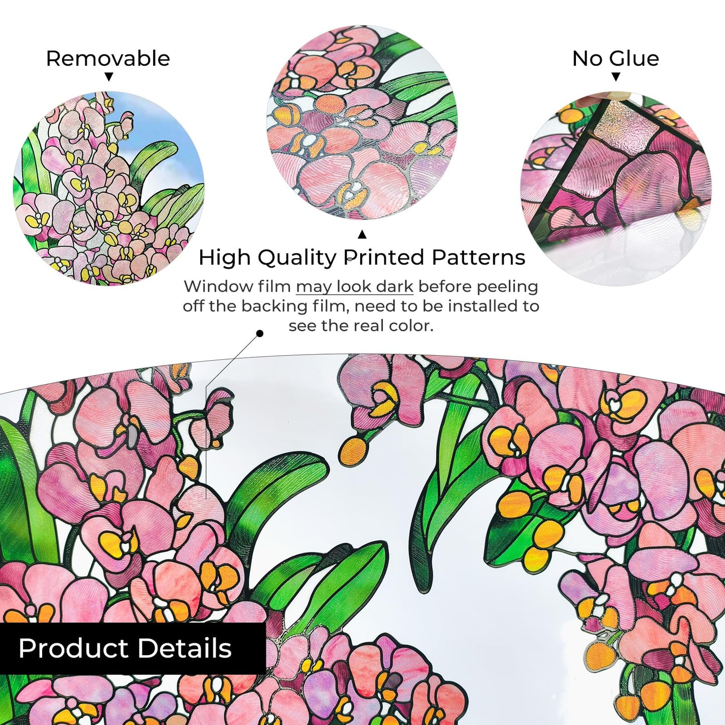 ADD.HERES Window Stickers, Stained Glass Window Privacy Film, UV Blocking Static Cling for Home Kitchen Office Bathroom, Phalaenopsis, 17.7" X 31.5"