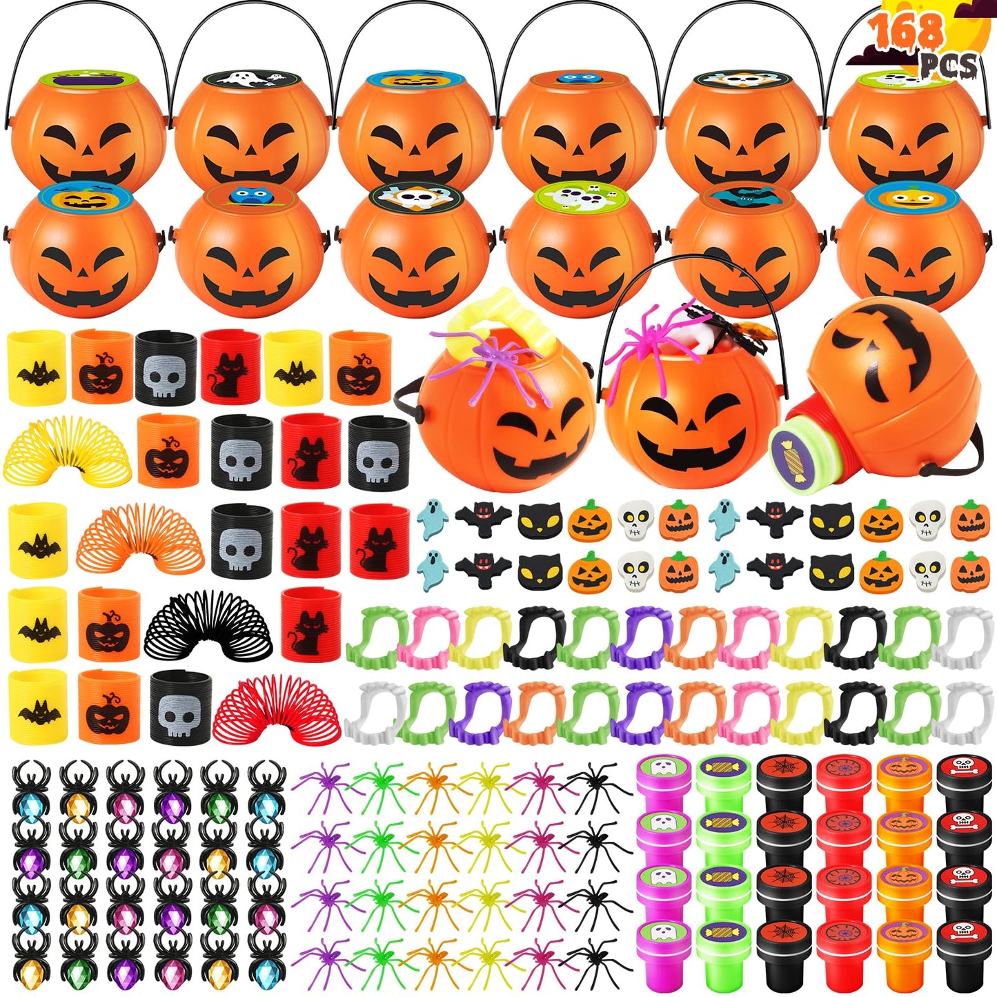 168PCS Halloween Party Favor for Kids, 24Pack Prefilled Halloween Pumpkins with Toys, Spider, Vampire Teeth, Spider Ring, Springs, Erases and Stamps for Trick or Treat, Halloween Goodies Bag Stuffers