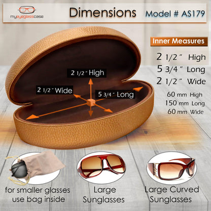 MyEyeglassCase LARGE CURVED Sunglasses Case DOES NOT FIT OVERSIZE FRAMES - Women Premium Hard Shell Sunglass Case in Leather Like cover with Microfiber Pouch & Cleaning (AS413 Bronze)