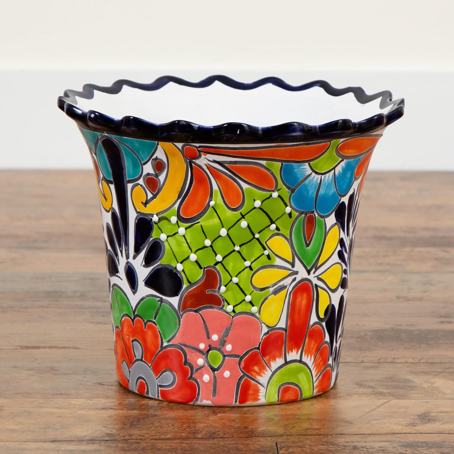 Nearly Natural 10-in x 12-in Handcrafted Mexican Talavera Ceramic Planter – Vibrant Hand-Painted Decorative Art Pot with Drainage Hole