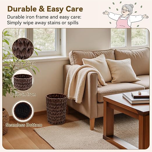 GRANNY SAYS Small Wicker Trash Can, 2 Gallon Bathroom Waste Basket, Small Bathroom Garbage Can, Plastic Trash Basket for Decor, Round Wastebaskets for Office, Bedroom, Cabinet, Brown
