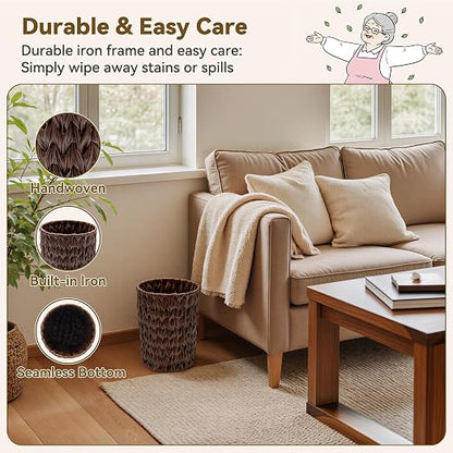 GRANNY SAYS Small Wicker Trash Can, 2 Gallon Bathroom Waste Basket, Small Bathroom Garbage Can, Plastic Trash Basket for Decor, Round Wastebaskets for Office, Bedroom, Cabinet, Brown