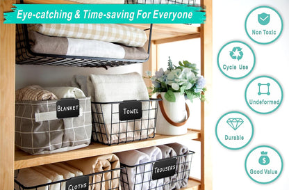 54-Piece Set of Basket Labels Clip On For Storage Bins: 20 Erasable Plastic Kitchen Pantry Labels, 32 Removable PVC Tag Stickers, 2 White Chalk Markers, For Organization Container, Jar, Shelf, Laundry