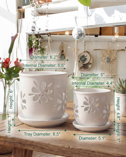 vensovo 5+6 Inch Orchid Pot with Holes and Saucer - White Ceramic Orchid Planter for Repotting, Flower Pot for Indoor/Outdoor Plants (2 Packs)
