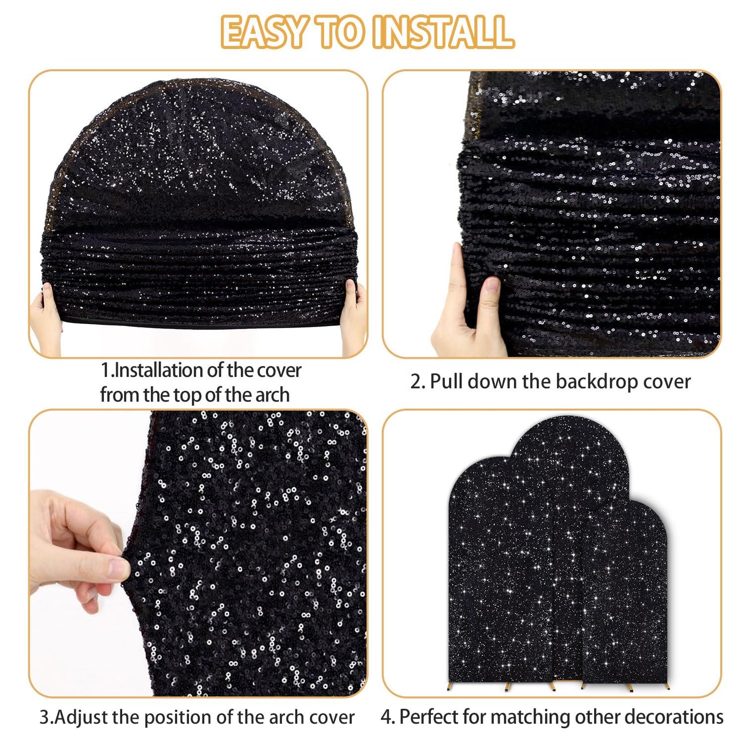 FUHSY Sequin Arch Cover Black Arch Backdrop Cover Set of 3 Arch Covers Stretchy Backdrop 6ft 5ft 4ft Spandex Backdrop Arch Stand Cover Glitter Arch Frame Cover Fabric for Halloween Party Decoration