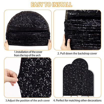FUHSY Sequin Arch Cover Black Arch Backdrop Cover Set of 3 Arch Covers Stretchy Backdrop 6ft 5ft 4ft Spandex Backdrop Arch Stand Cover Glitter Arch Frame Cover Fabric for Halloween Party Decoration