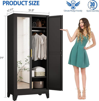 GAIOUS Metal Wardrobe Cabinet with Mirror and Hanging Rod, 71" Black | Clothing Storage Cabinets with 2 Doors and Adjustable Shelves, Armoire Wardrobe Closet for Bedroom, Laundry Room, Cloak Room