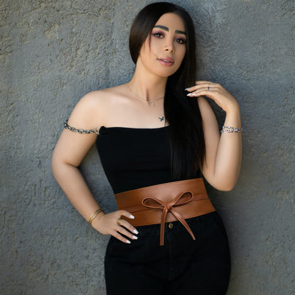 macoking Thick Brown Wide Obi Belts for Women Faux Leather Corset with Lace Up Wrap Style L