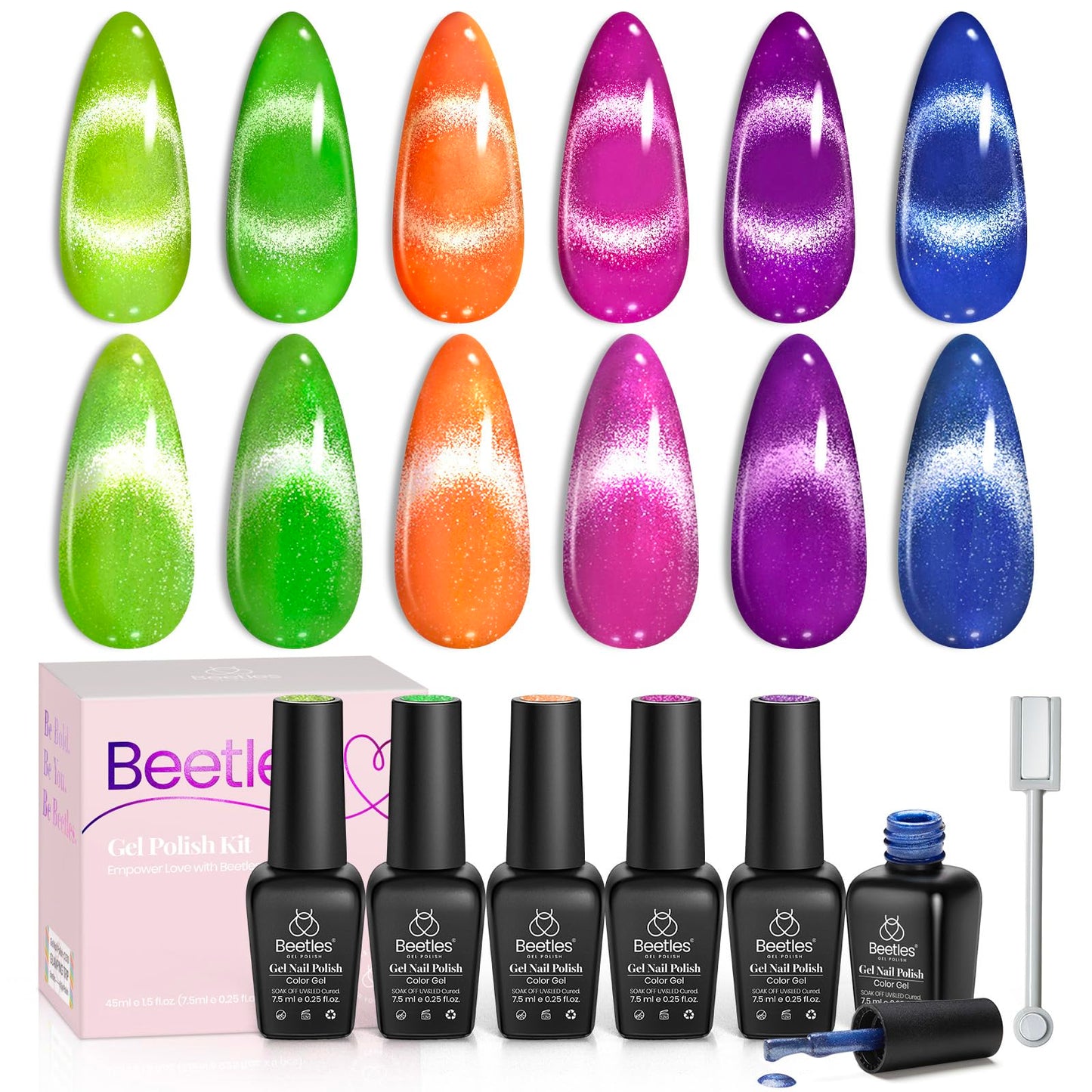 Beetles Cat Eye Gel Nail Polish Set, 6 Colors Glitter Red Pink Shiny Brown Burgundy Purple Blue Green Magnetic Effect Sparkle Stunning Nail Gel Polish Kit Soak Off UV Manicure Gifts for Women