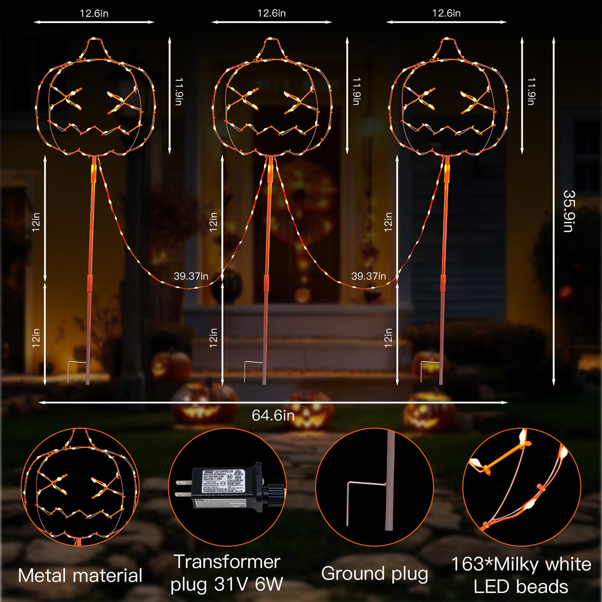 Halloween Walkway Lights,3PACK Hopolon Pumpkin Lights Halloween Decorations Outdoor Light Orange Plug-in Pumpkin Stake Light Pathway with IP44 Waterproof, 8Modes for Holiday Home Garden Yard Decor