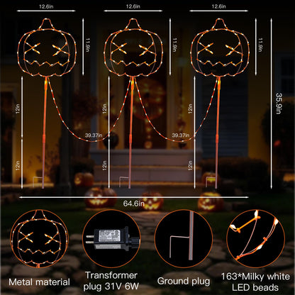 Halloween Walkway Lights,3PACK Hopolon Pumpkin Lights Halloween Decorations Outdoor Light Orange Plug-in Pumpkin Stake Light Pathway with IP44 Waterproof, 8Modes for Holiday Home Garden Yard Decor