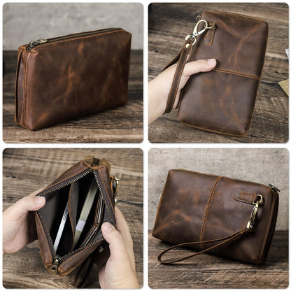 Top Grain Genuine Leather Clutch Wallet with Wristlet for Man & Woman, Handmade Simple Retro Vintage Design, Multi Pockets & Card Slots, RFID Large Capacity for Cards/ID/Checks/Banknote/Phone, Coffee