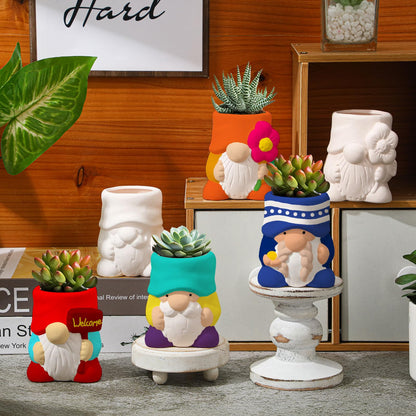 Beeveer 6 Sets Paint Your Own Gnomes Succulent Planter Cute Mini Unpainted Flower Pots DIY Paintable Succulent Pots for Christmas Classroom DIY Craft Project Activity