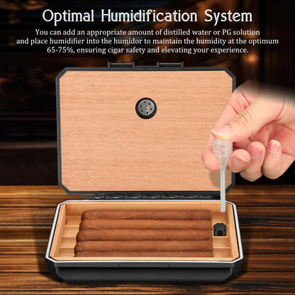 TISFA Cigar Humidor Set Travel Humidor Includes 2 Multifunctional Cutters, Hole Punch, Humidifier, Hygrometer, Portable Cedar Wood Lined Cigar Box Holder Case Gifts for Men (Black)
