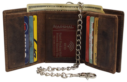 RFID Blocking Mens Chain Biker Vintage Genuine Leather Classic Trifold Wallet (Brown with Chain)