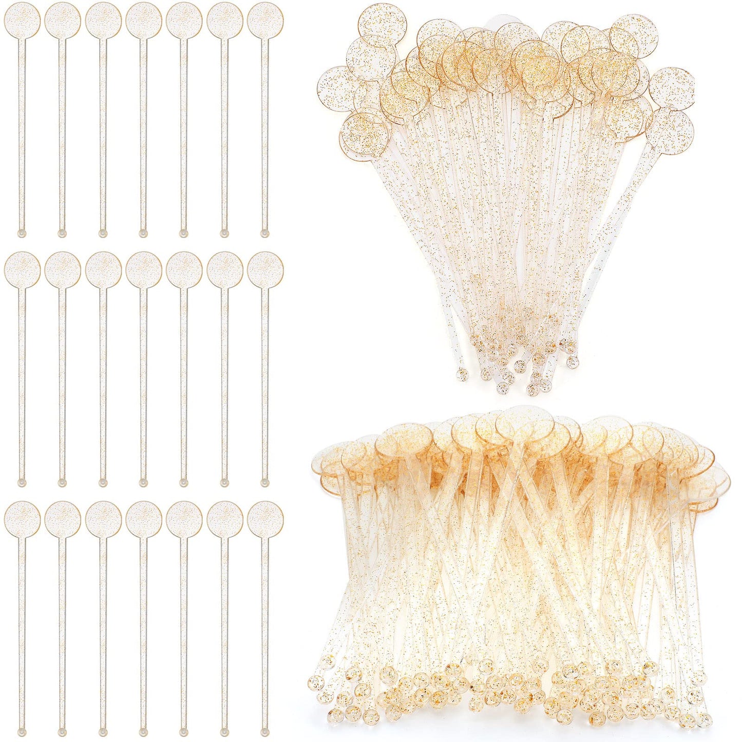 Marsui 240 Pieces 7 Inch Swizzle Sticks for Cocktail Coffee Drink Stirrers Cocktail Stirrers Disposable Stirring Sticks Plastic Disc Top for Mixing Coffee Whiskey Beverage (Glitter Gold)