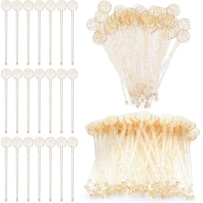 Marsui 240 Pieces 7 Inch Swizzle Sticks for Cocktail Coffee Drink Stirrers Cocktail Stirrers Disposable Stirring Sticks Plastic Disc Top for Mixing Coffee Whiskey Beverage (Glitter Gold)
