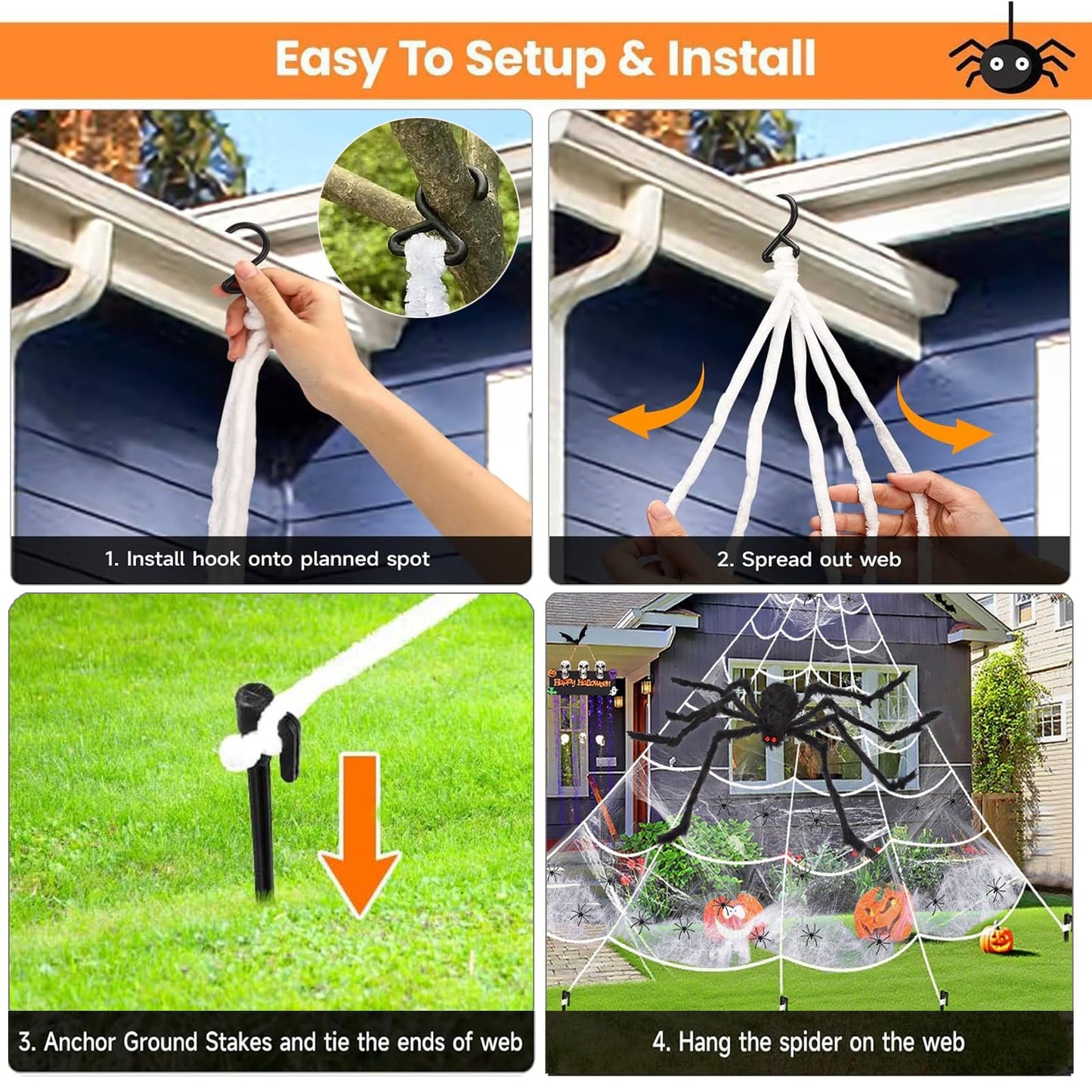 Newar Halloween Giant Spider Webs Decorations Outdoor, 276" Triangle Giant Spider Web + 59" Scary Big Spider + 20Pcs Small Spiders + 40g Stretch Cobwebs for Yard Porch Garden Haunted House Decor