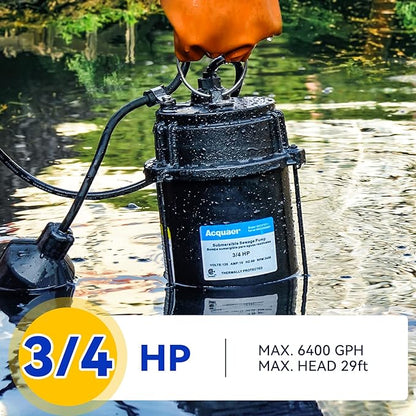 Acquaer Sewage Pump, Cast Iron, Automatic Tethered Float Switch, Sewage Effluent Pump for Sump Basin, Basement, Residential Sewage, 2'' NPT Discharge, Dark