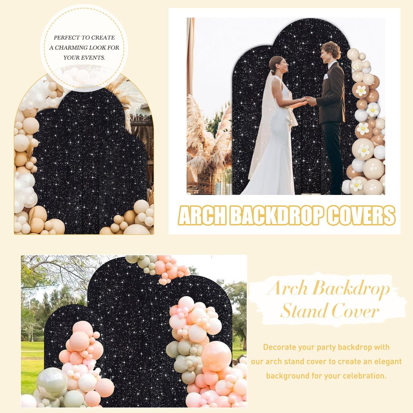 FUHSY Sequin Arch Cover Black Arch Backdrop Cover Set of 3 Arch Covers Stretchy Backdrop 6ft 5ft 4ft Spandex Backdrop Arch Stand Cover Glitter Arch Frame Cover Fabric for Halloween Party Decoration