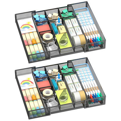 ReePlan 2 Pack Expandable Desk Drawer Organizer Tray with 10 Adjustable Compartments Metal Mesh Office Drawer Organizer for Home, School Supplies, Makeup Vanity & Jewelry (Black)
