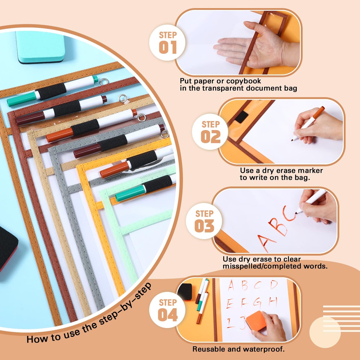 Watersay 24 Pcs Dry Erase Pocket Reusable Sleeves 10" x 14" Clear Plastic Sheet Protectors with Markers and Mini Dry Erasers for Paper (Retro Boho)