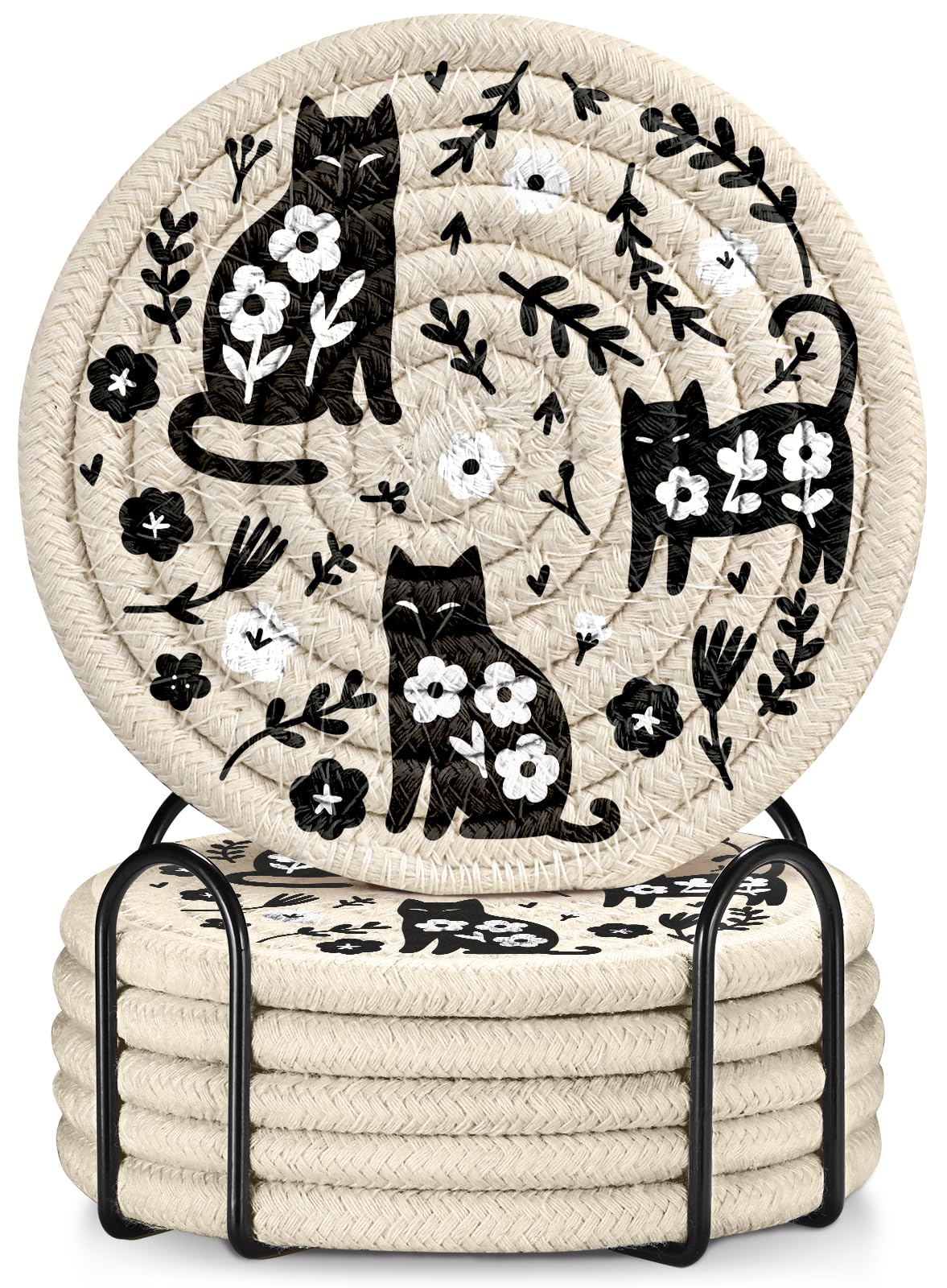 Kokaaee Cup Coasters for Drinks Absorbent - for Coffee Wooden Table Office Home Farmhouse Outdoor Rustic Desk Cup Mat Soft Woven Cloth Braided Fabric Cute Flower Cat Coaster Set of 6 with Holder
