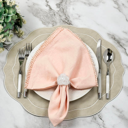 Bryonia Embroidered Scalloped Faux Leather Placemats Set of 4 - Earth Tone, Soft, Wipeable Luxury Dinner Table Mats for Dining & Wedding, 17.25" x 15", Ivory