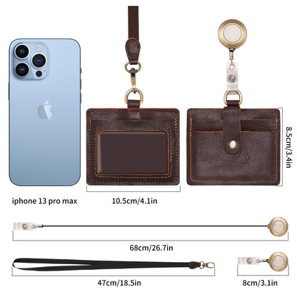 Wonderpool Leather Horizontal Badge Holder with Detachable Neck Lanyard and Retractable Badge Reel Clip, Card Slots Case ID Card Holder for ID Badges Card and Driver Licence (Coffee)