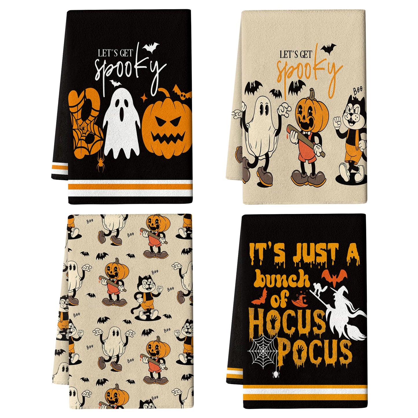 Pintukee Halloween Kitchen Dish Towels Set of 4, Absorbent Spooky Ghost Boo Pumpkin Hand Towels Funny Halloween Kitchen Drying Dishcloth for Home Party Decor Housewarming Gift 16x24 Inch