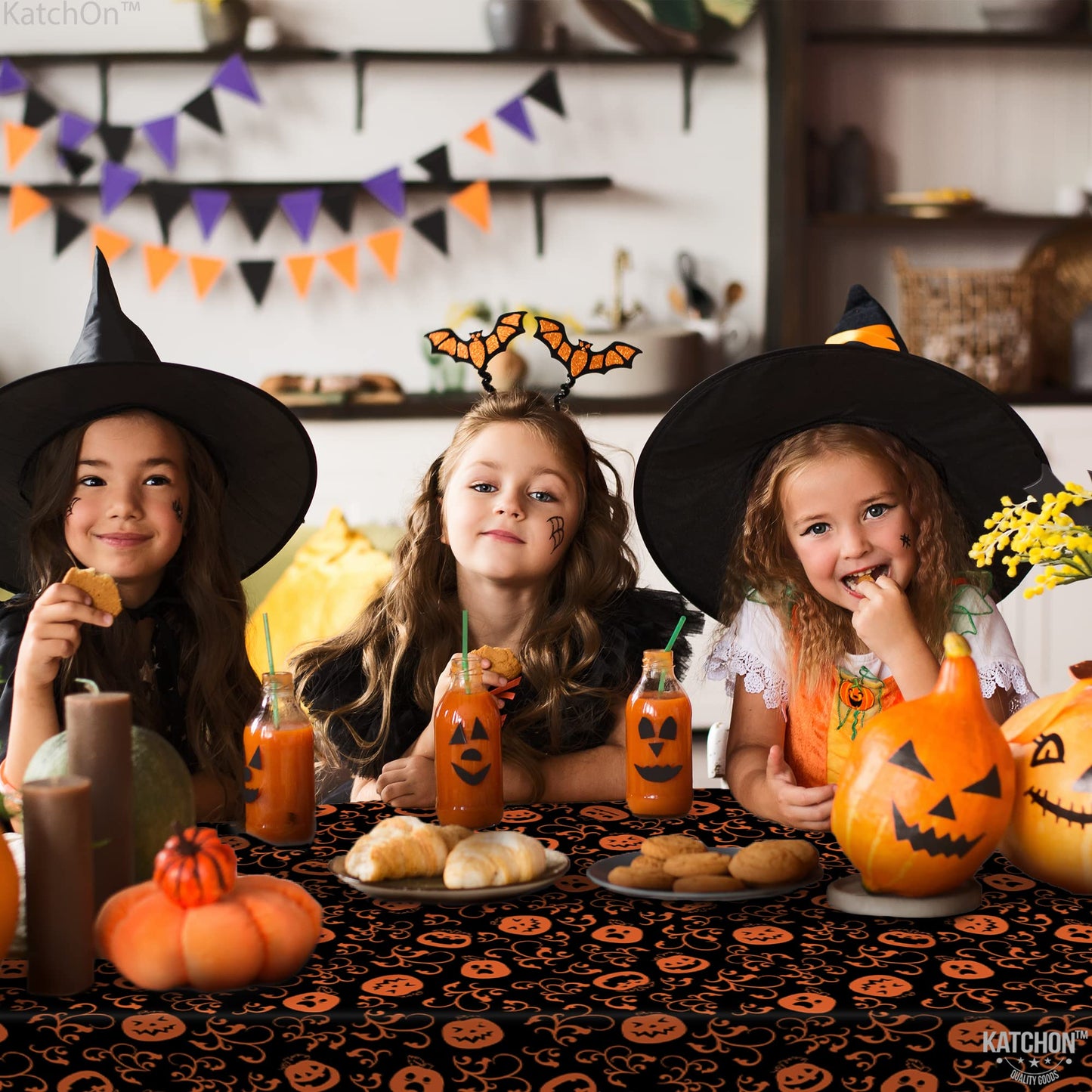 KatchOn, Pumpkin Halloween Tablecloth Plastic - 54x90 Inch, Pack of 3 | Pumpkin Tablecloth, Black and Orange Halloween Table Covers | Table Cloth Disposable