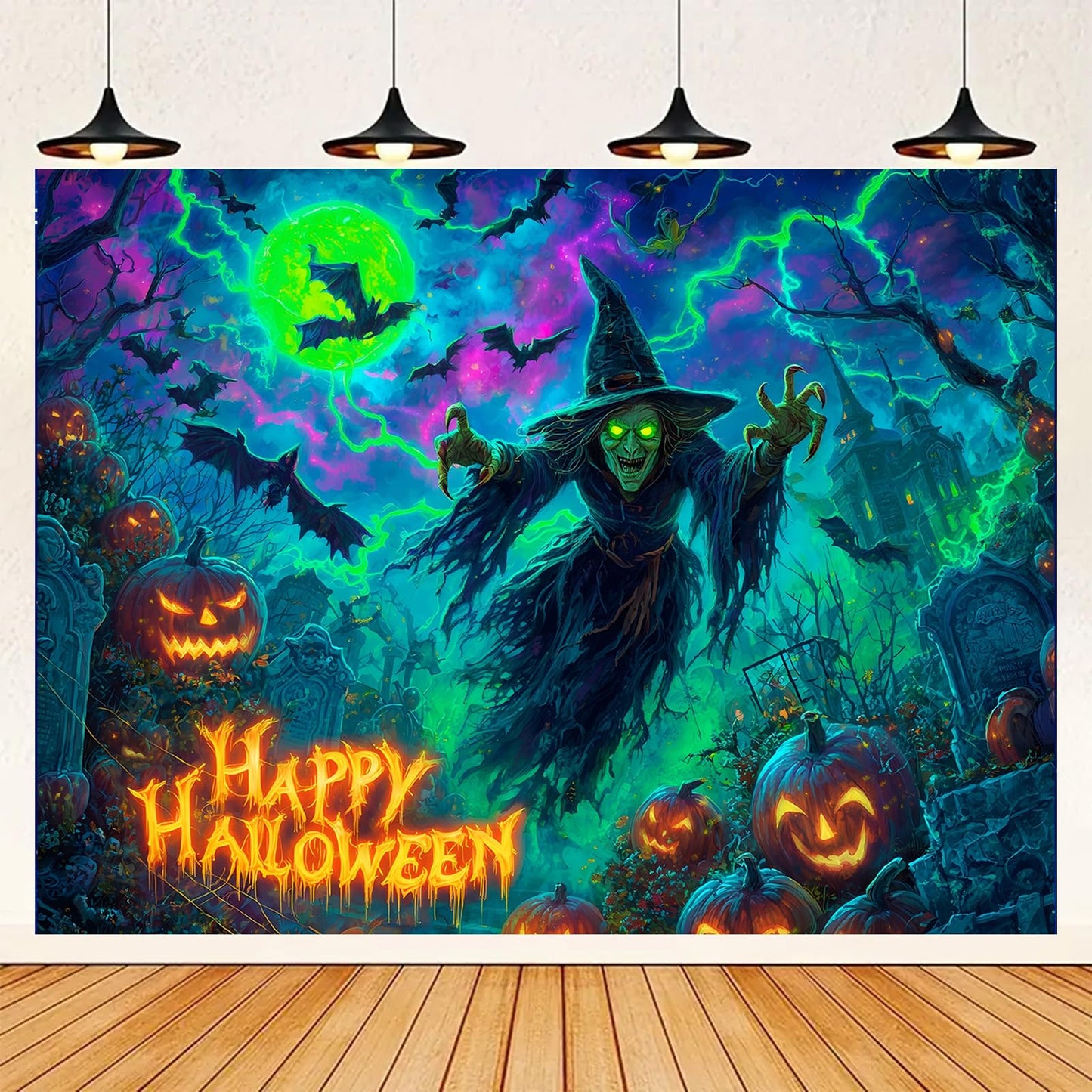 BlissYard Happy Halloween Blacklight Tapestry Neon Glow in the Dark Witch Pumpkin Bat UV Reactive Horror Wall Hanging for Bedroom Living Room Dorm Gothic Party Decor 78x59 Inch