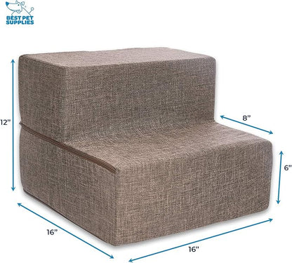 Best Pet Supplies Non-Slip Foam Dog Stair & Pet Ramp, Balanced Indoor Step Support - Foldable Stair, Brown Linen, 2-Step