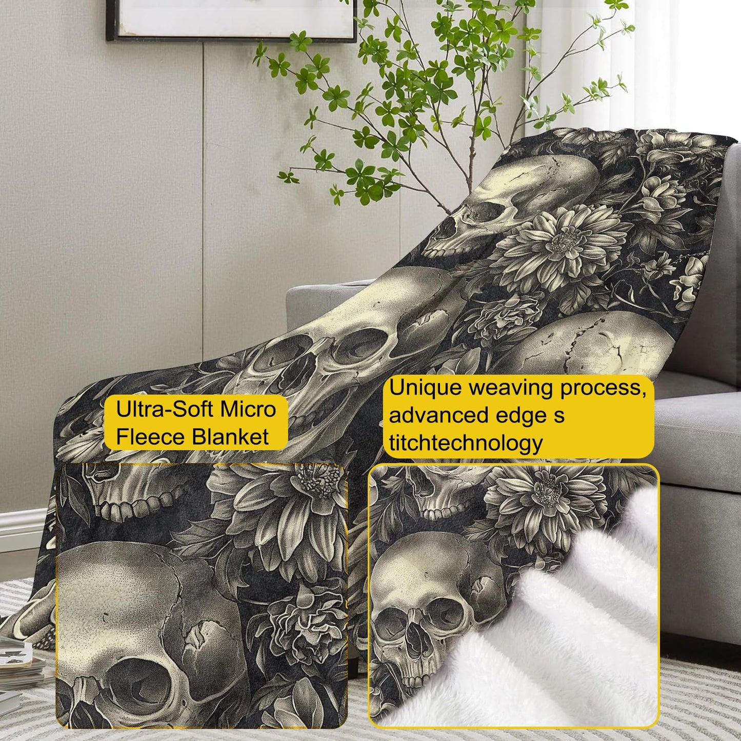 VANZEV Gothic Garden Skull Fleece Blanket Gifts, Dark Floral and Skeleton Design, Soft Throw 50x60 inches, Elegant Home Halloween Decor - Black and White