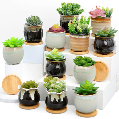 Remerry 6 Pcs Small Succulent Pots Bulk with Drainage Assorted 3.5 Inch Mini Ceramic Succulent Planters Pot with Coaster Bamboo Plant Tray Planting Pots for Home Office Garden